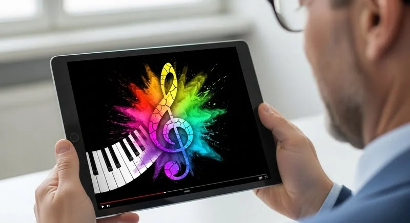 Empresario revisando un video corporativo con música personalizada para su negocio