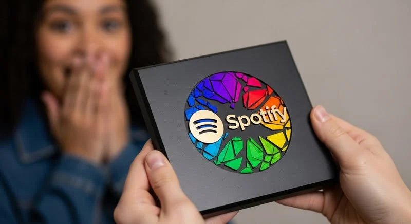 Mujer reaccionando con emoción al recibir una canción personalizada en una placa de Spotify como regalo de aniversario
